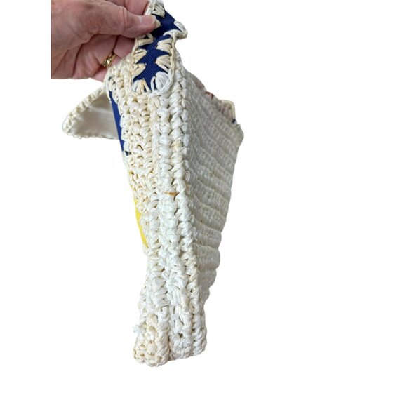 1960s raffia purse with colorful patchwork and wood accent by Craig Scot Made in - Picture 4 of 10